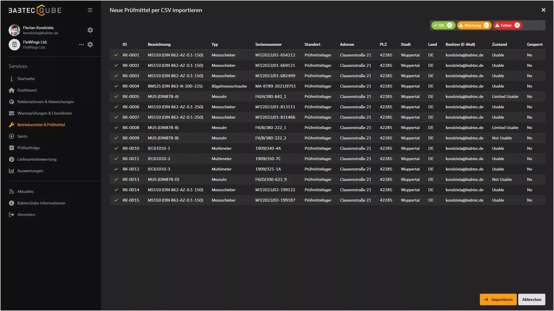 Screenshot: Import von Daten zu Betriebs- und Prüfmitteln in BabtecQube