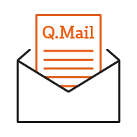 Q.Mail – der Newsletter für Qualität Icon: Briefumschlag mit einem Brief, der Q.Mail