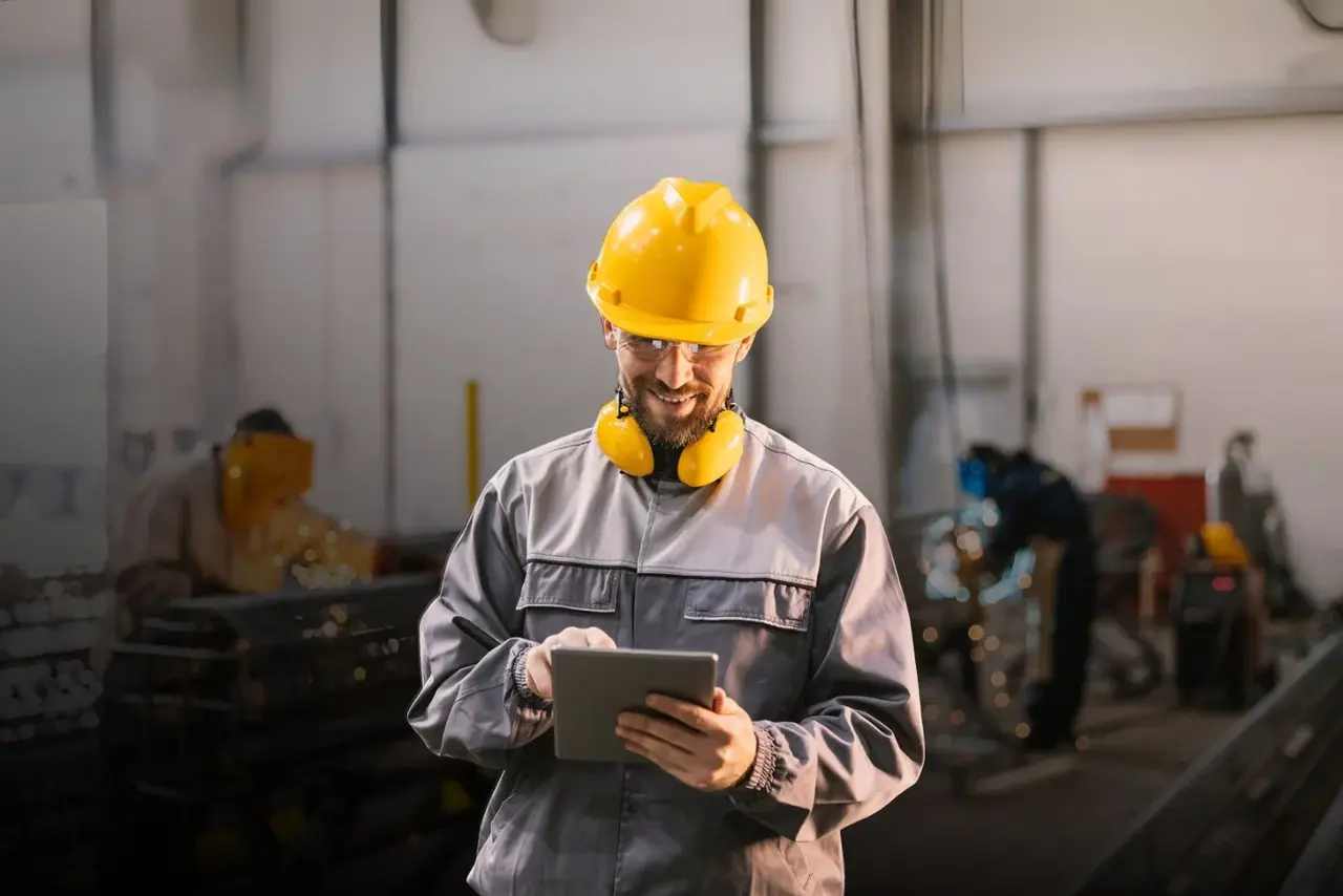 Ortsunabhängige Nutzung von Babtec-Software via Tablet Mitarbeiter in einer Werkshalle am Tablet