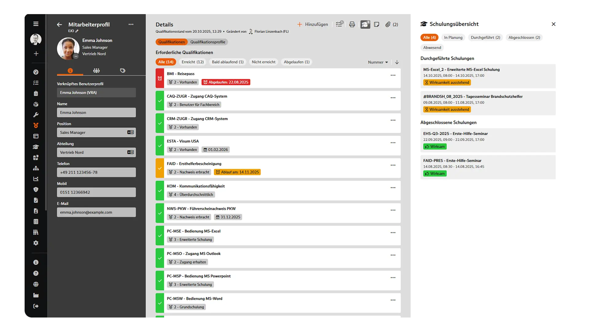 Qualifikations- und Schulungsmanagement: Mitarbeiterprofil Screenshot des Qualifikations- und Schulungsmanagements in BabtecQ: Mitarbeiterprofil