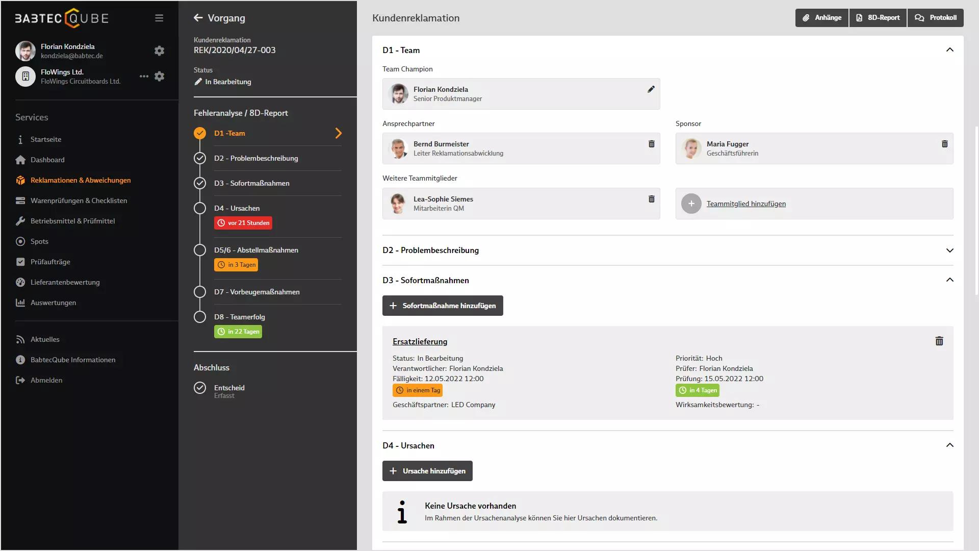 Screenshot: Reklamationen bearbeiten in BabtecQube