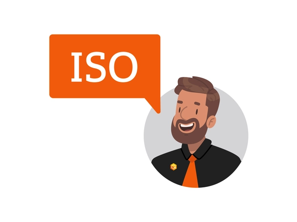 Eine Person und eine Sprechblase mit der Abkürzung "ISO"