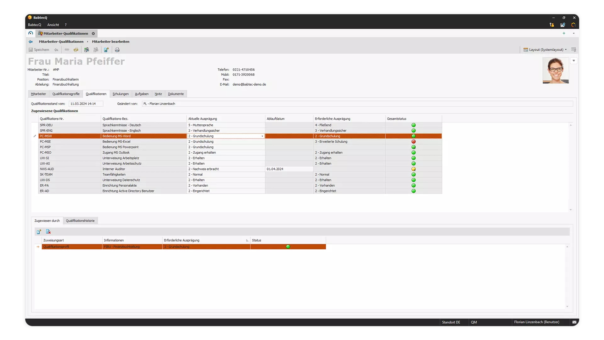 Screenshot: Mitarbeiterprofil im Qualifikationsmanagement