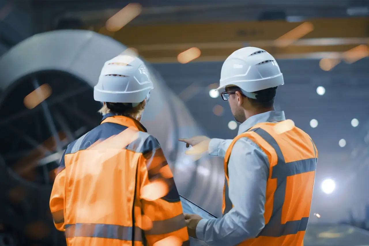 Arbeitsschutzmanagement: Zwei Männer in Schutzkleidung schauen im Betrieb auf eine Maschine