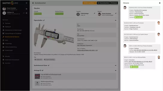 Screenshot: Historie zu einem Betriebsmittel in BabtecQube