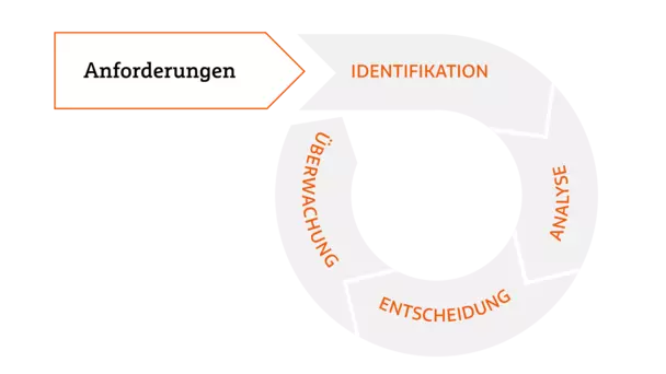 Kreislauf von Anforderungen: Identifikation, Analyse, Entscheidung, Beobachtung