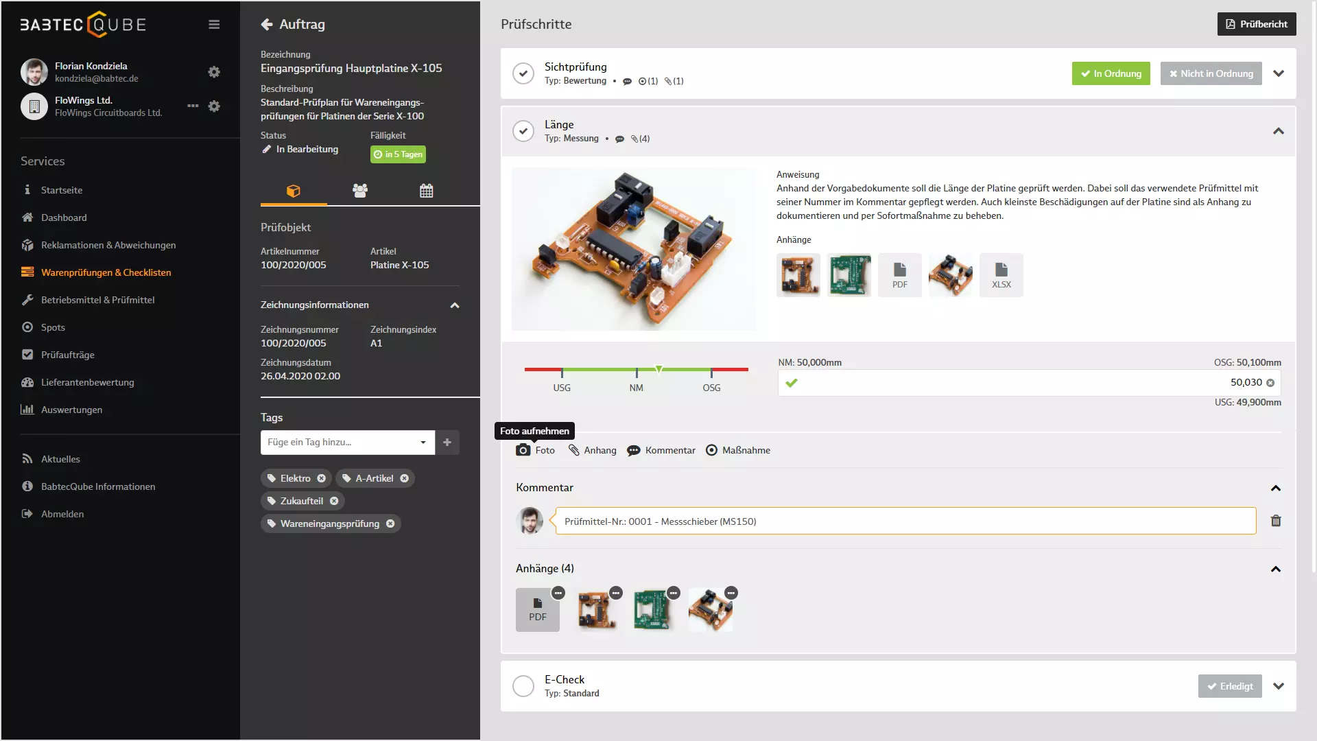 Screenshot: "Warenprüfungen & Checklisten" im BabtecQube