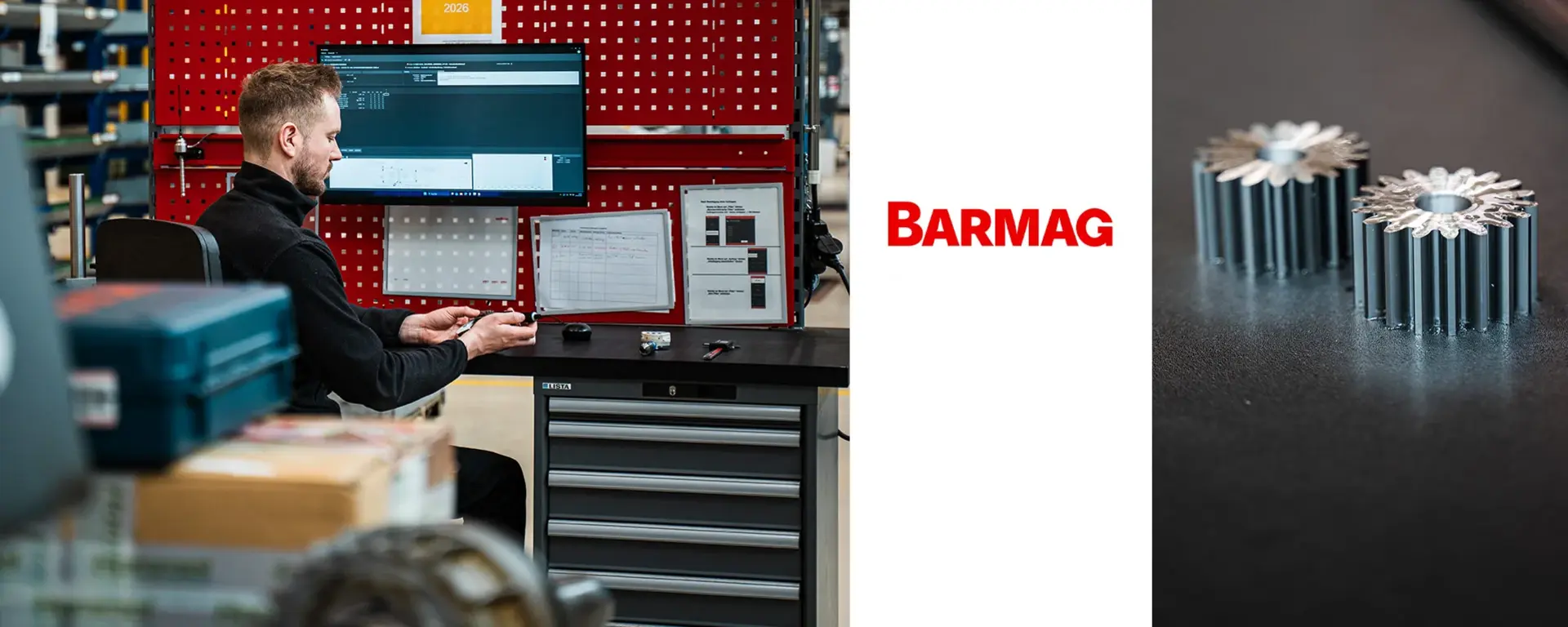 Mitarbeiter bei der Fertigungsprüfung mit Babtec-Software und Bauteile von Barmag GmbH & Co. KG