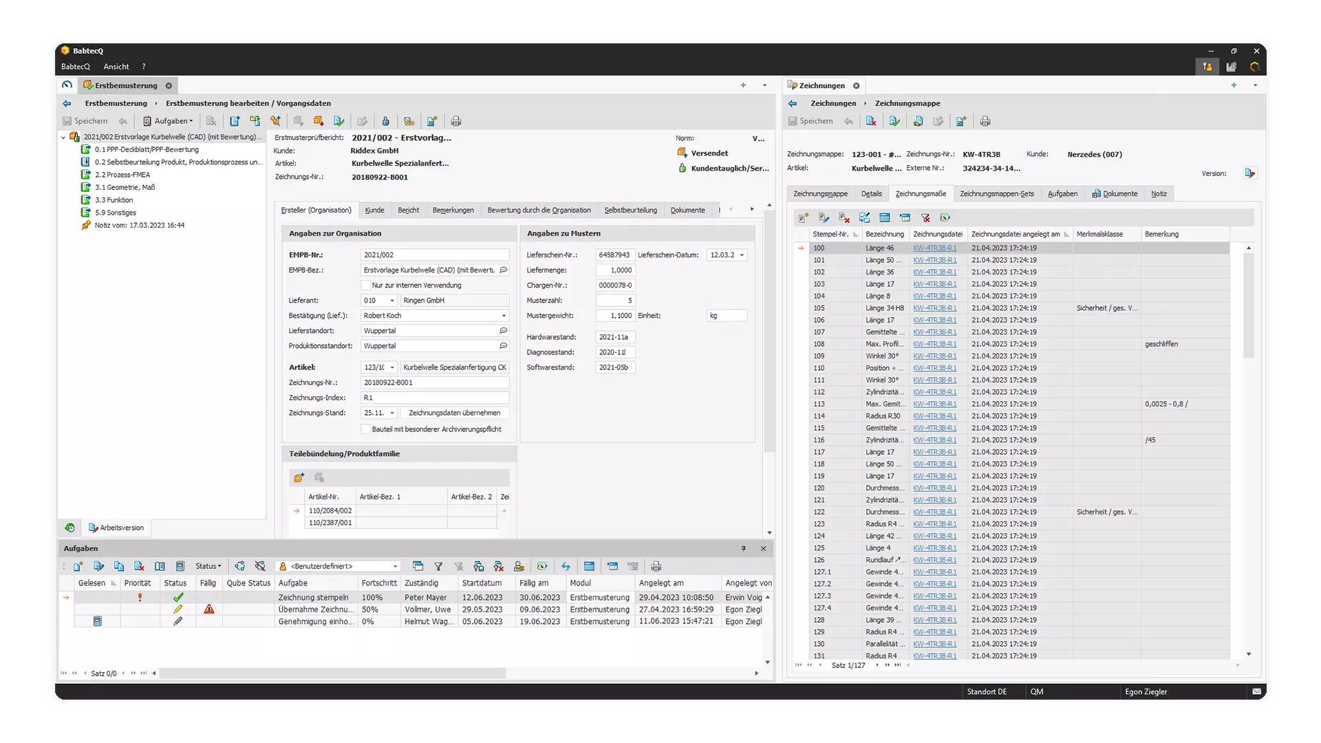 Screenshot: CAD-Merkmale in der Erstbemusterung