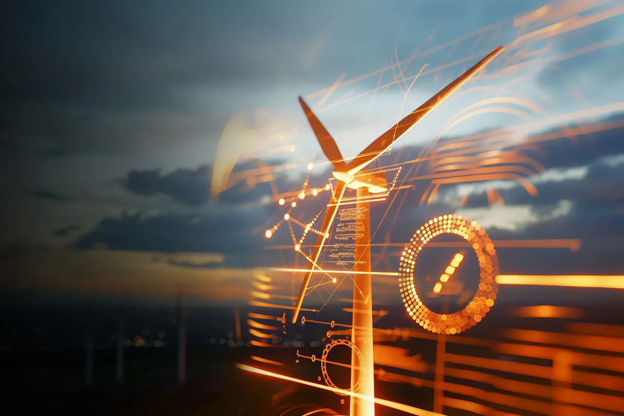 Windrad und Elemente eines Energiemanagementsystems