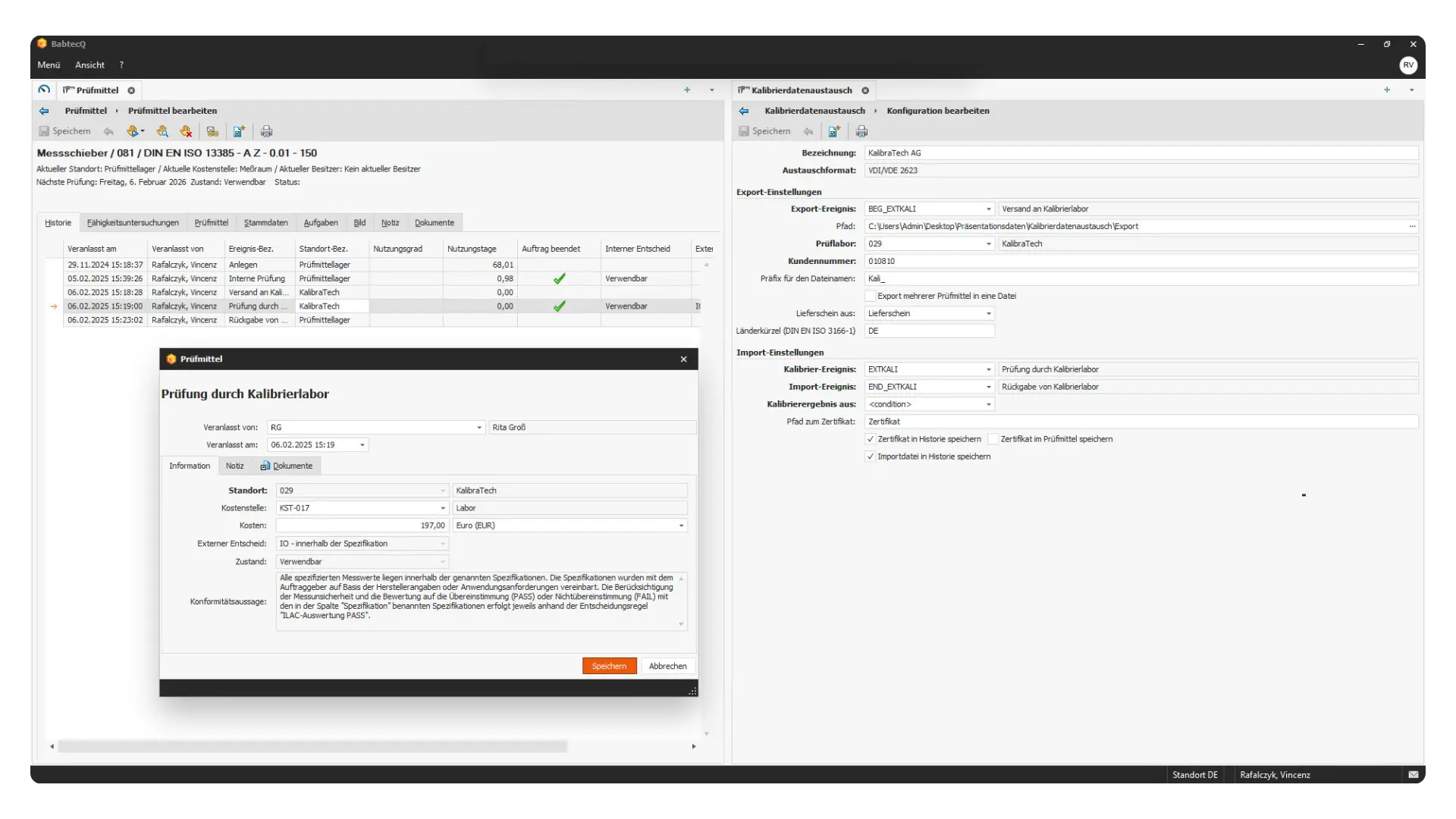 Prüfmittelmanagement in der QM-Software BabtecQ: Kalibrierdaten