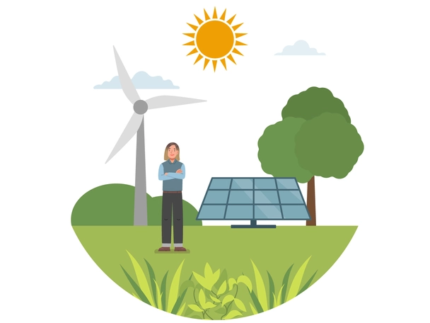Eine Person, Pflanzen und erneuerbare Energien symbolisieren das Energiemanagementsystem