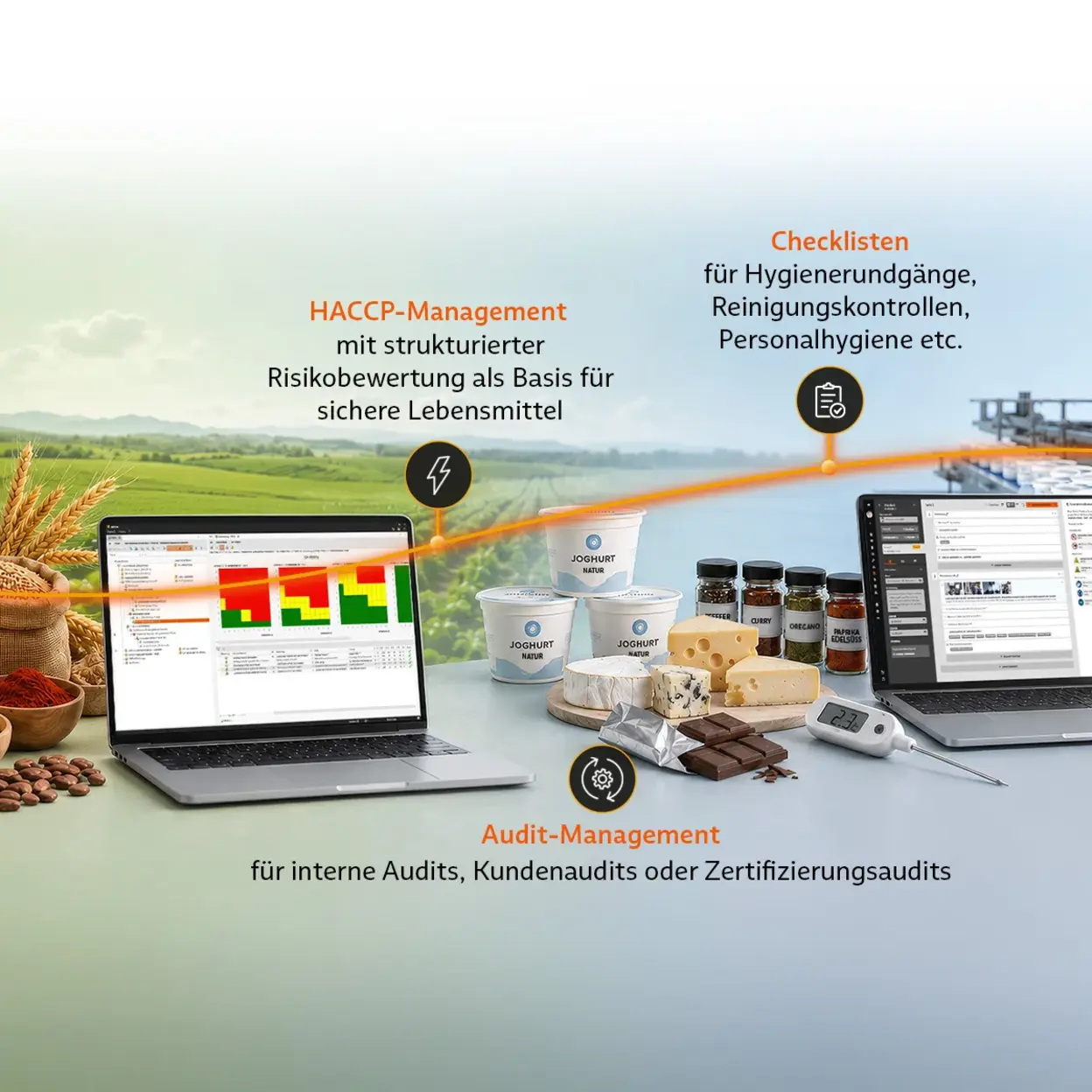 Prozessdarstellung mit Stationen für HACCP, Audits und digitale Checklisten