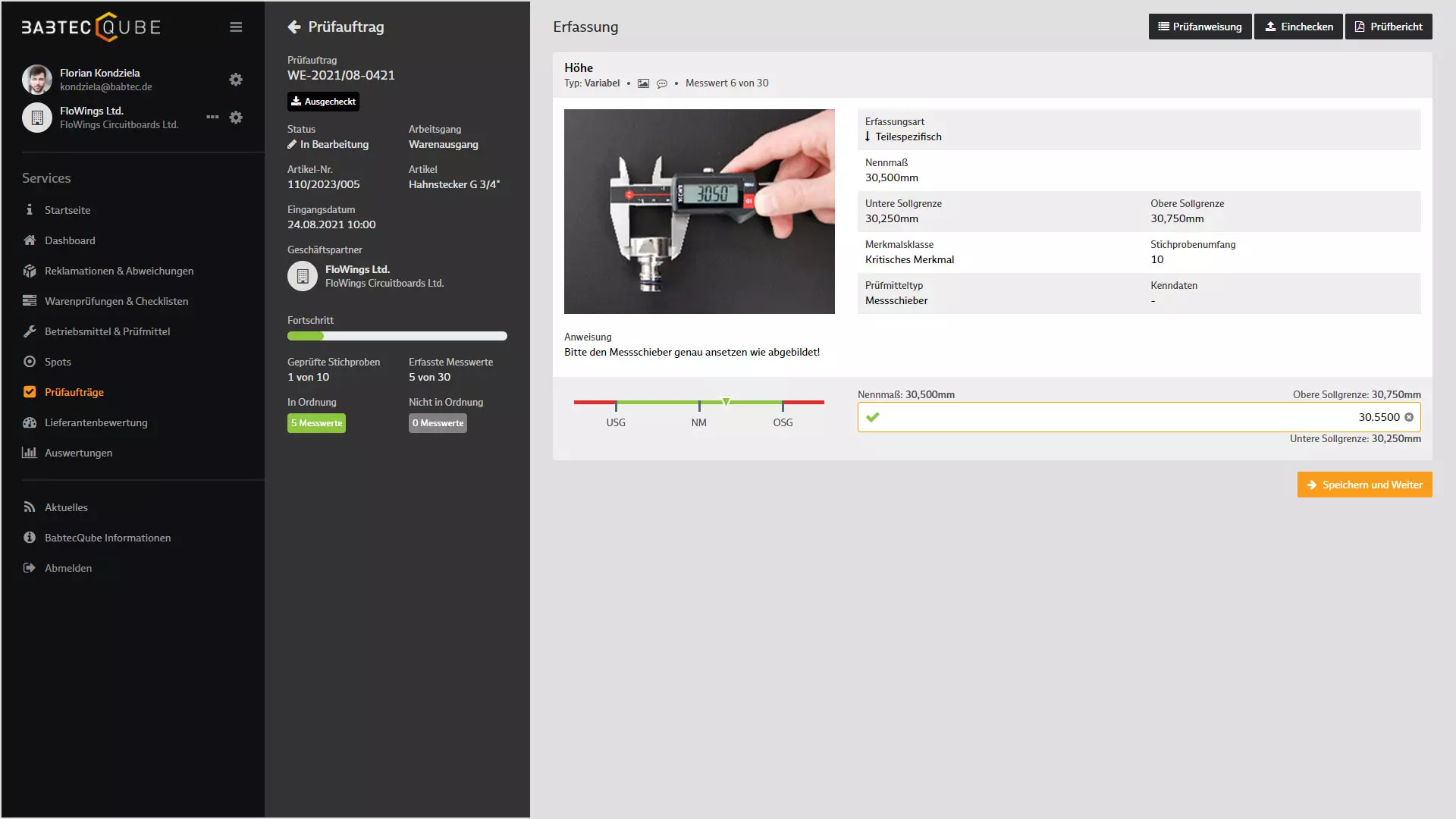 Screenshot: Prüfaufträge in BabtecQube
