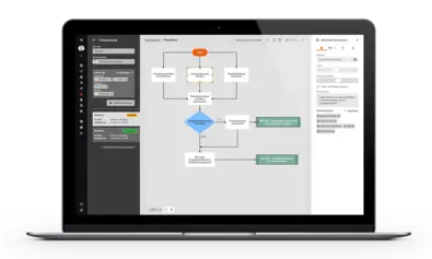 Prozessmanagement in BabtecQ Laptop, darauf zu sehen das Prozessmanagement in BabtecQ