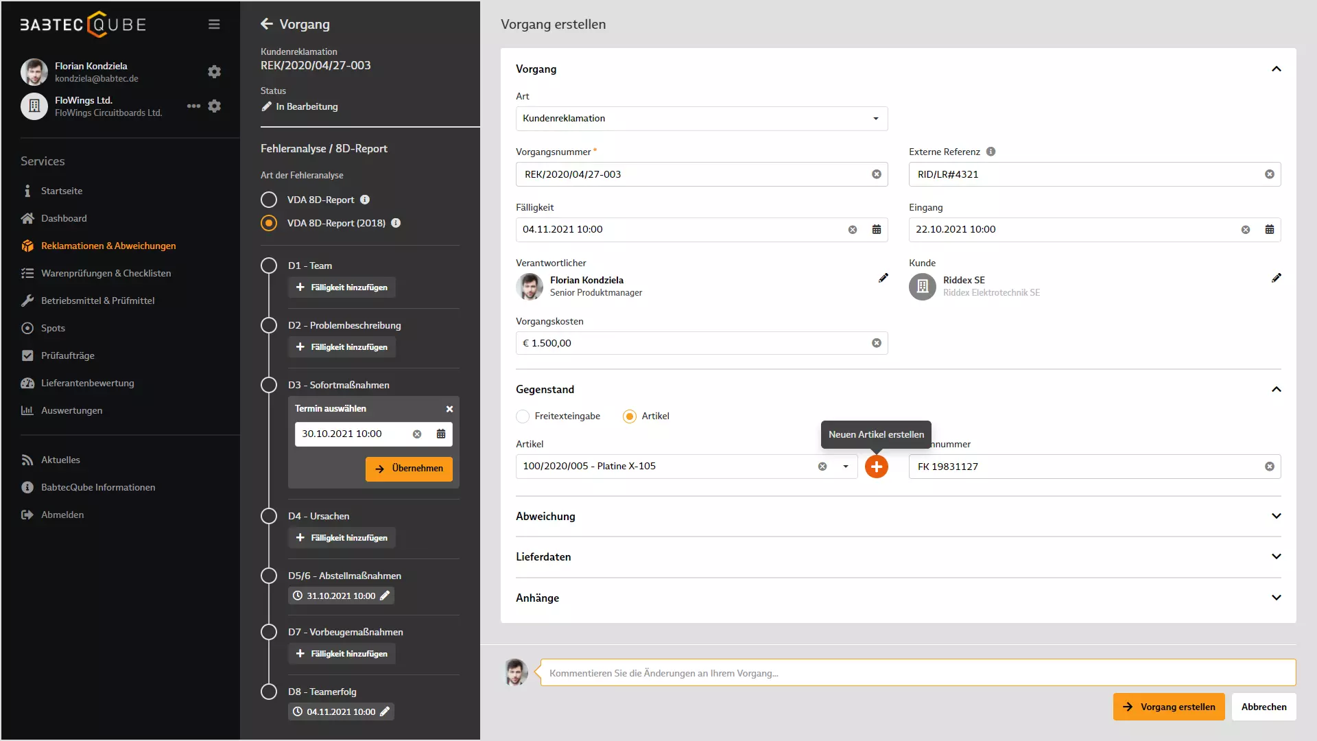 Screenshot: Reklamationen erstellen in BabtecQube