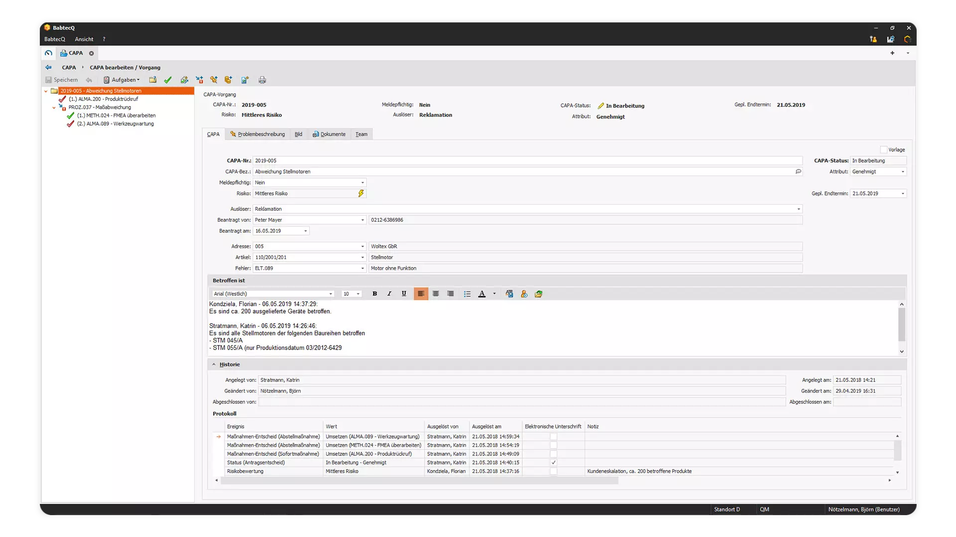 Screenshot: CAPA Management in BabtecQ