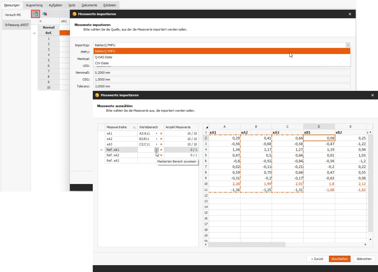 Prüfmittelfähigkeitsuntersuchung in der QM-Software BabtecQ: Import