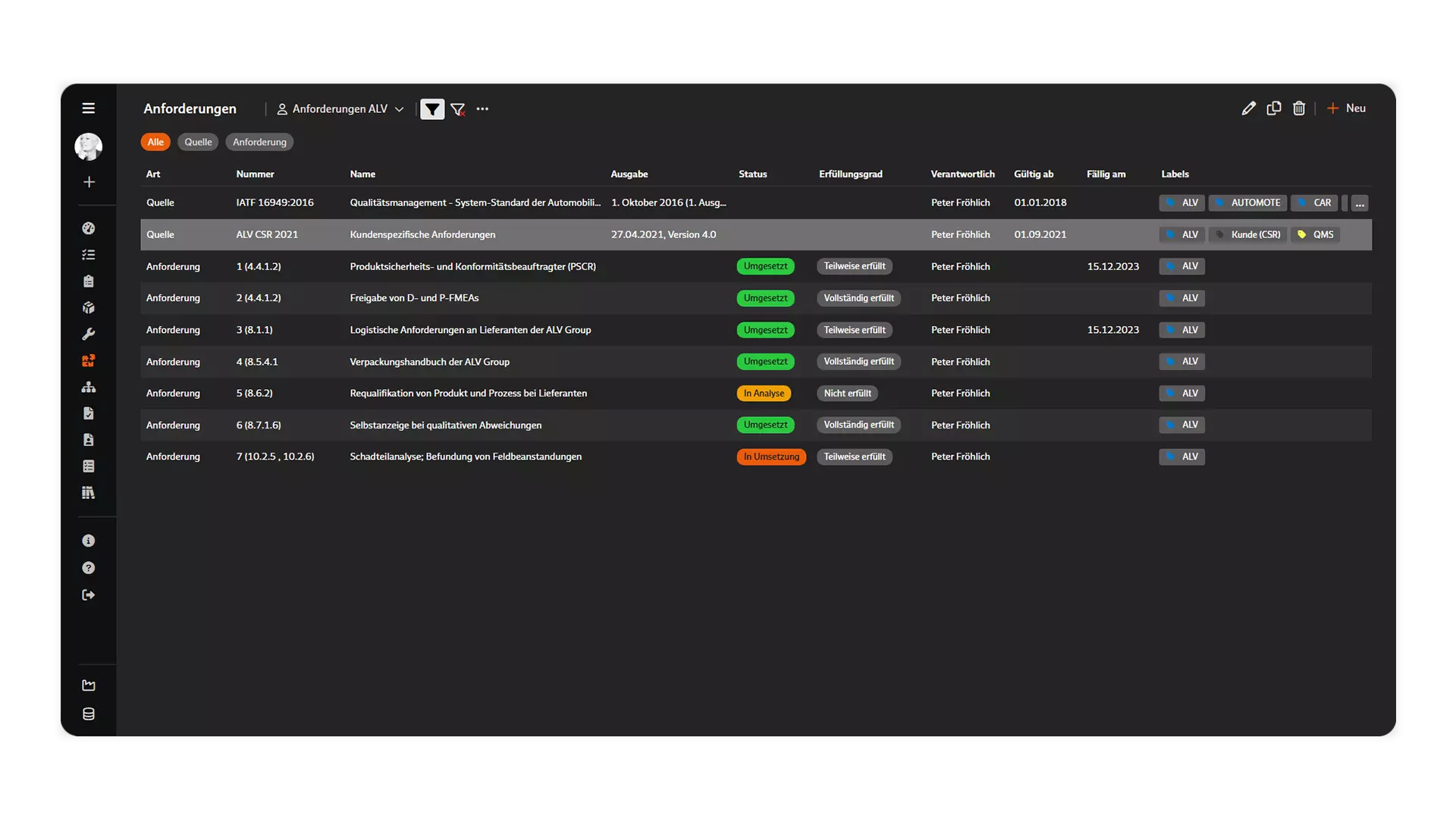 Screenshot: Übersicht aller Anforderungen mit Filtermöglichkeit