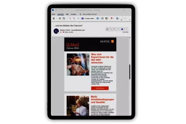 Q.Mail – der Newsletter von Babtec Newsletter (Q.Mail) auf dem Tablet