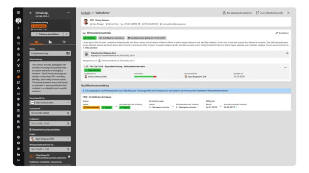 Qualifikations- und Schulungsmanagement: Schulung - Teilnehmerdetails Screenshot des Qualifikations- und Schulungsmanagements in BabtecQ: Schulung - Teilnehmerdetails