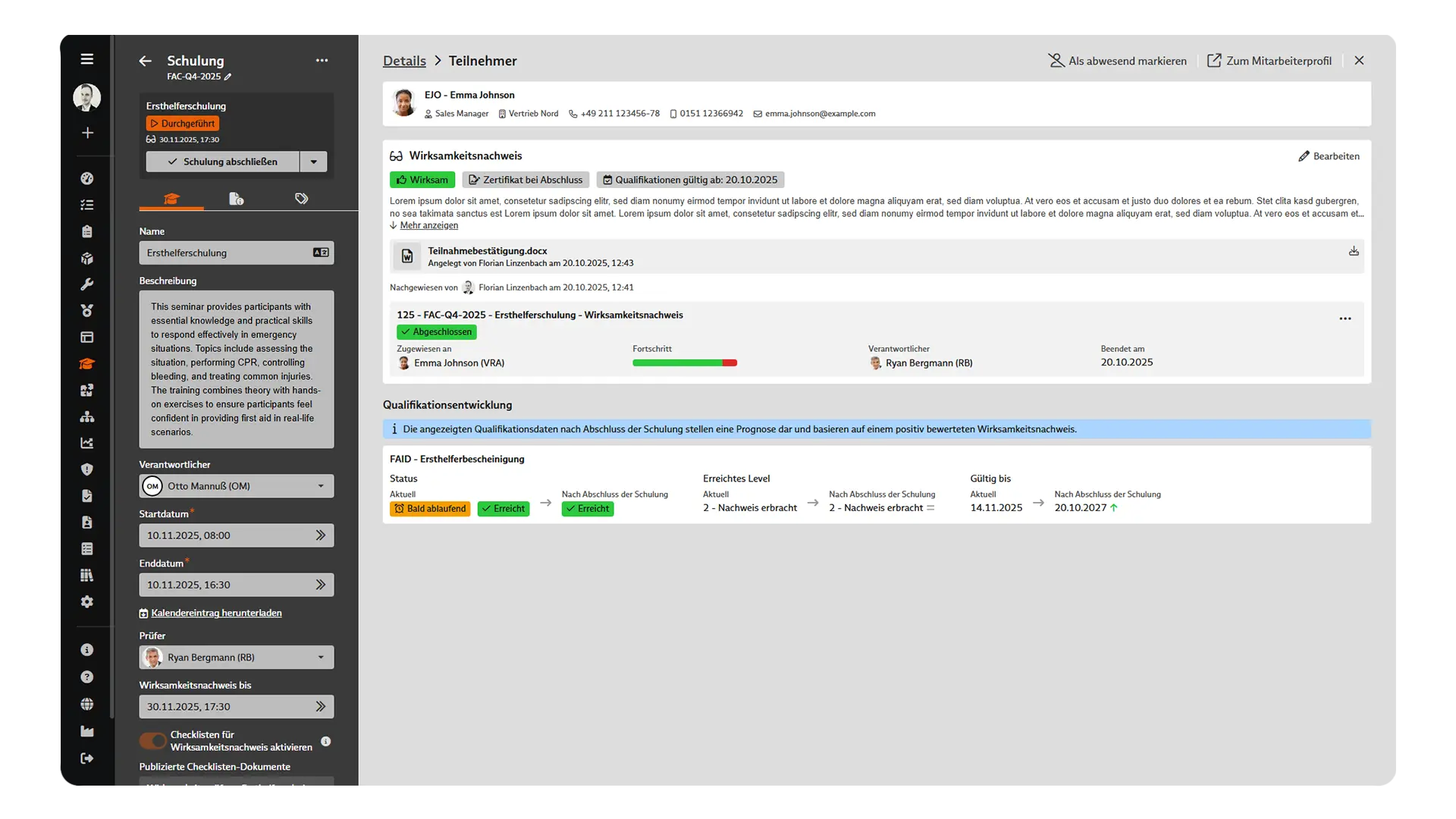 Qualifikations- und Schulungsmanagement: Schulung - Teilnehmerdetails Screenshot des Qualifikations- und Schulungsmanagements in BabtecQ: Schulung - Teilnehmerdetails