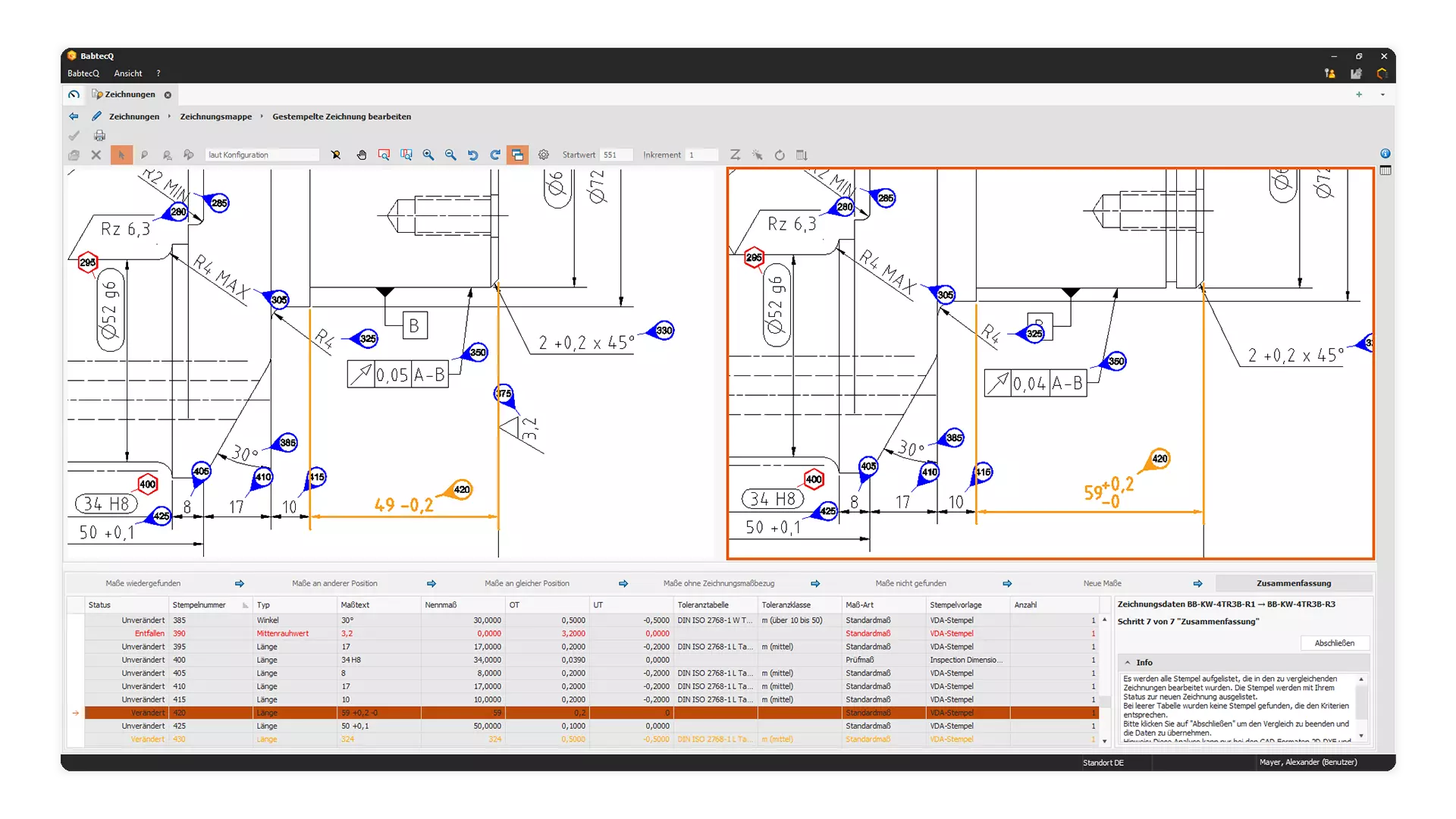 Screenshot: Zeichnungsmaßvergleich in der CAD-Integration
