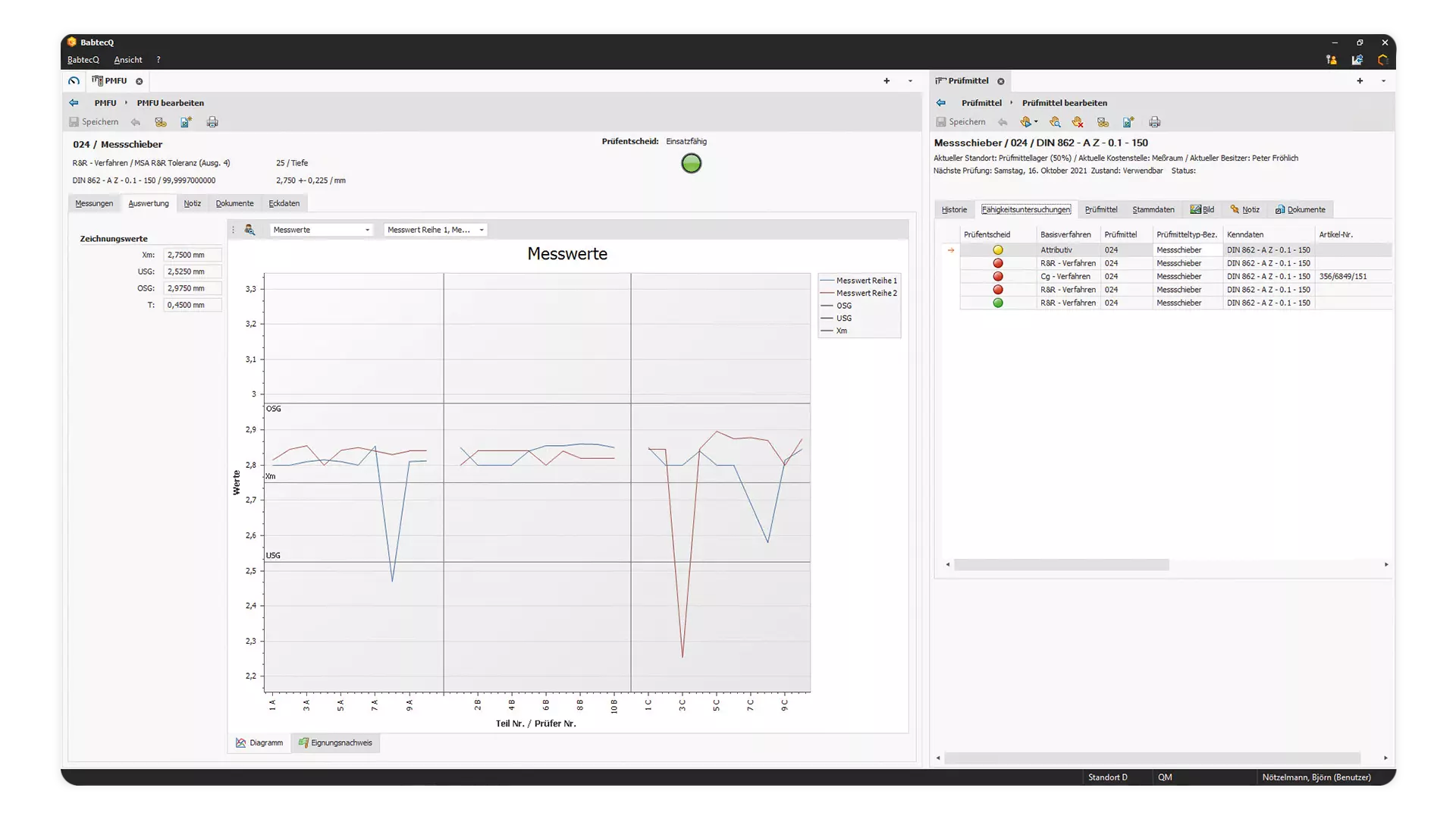 Screenshot: Prüfmittelfähigkeitsuntersuchung (PFMU) in BabtecQ