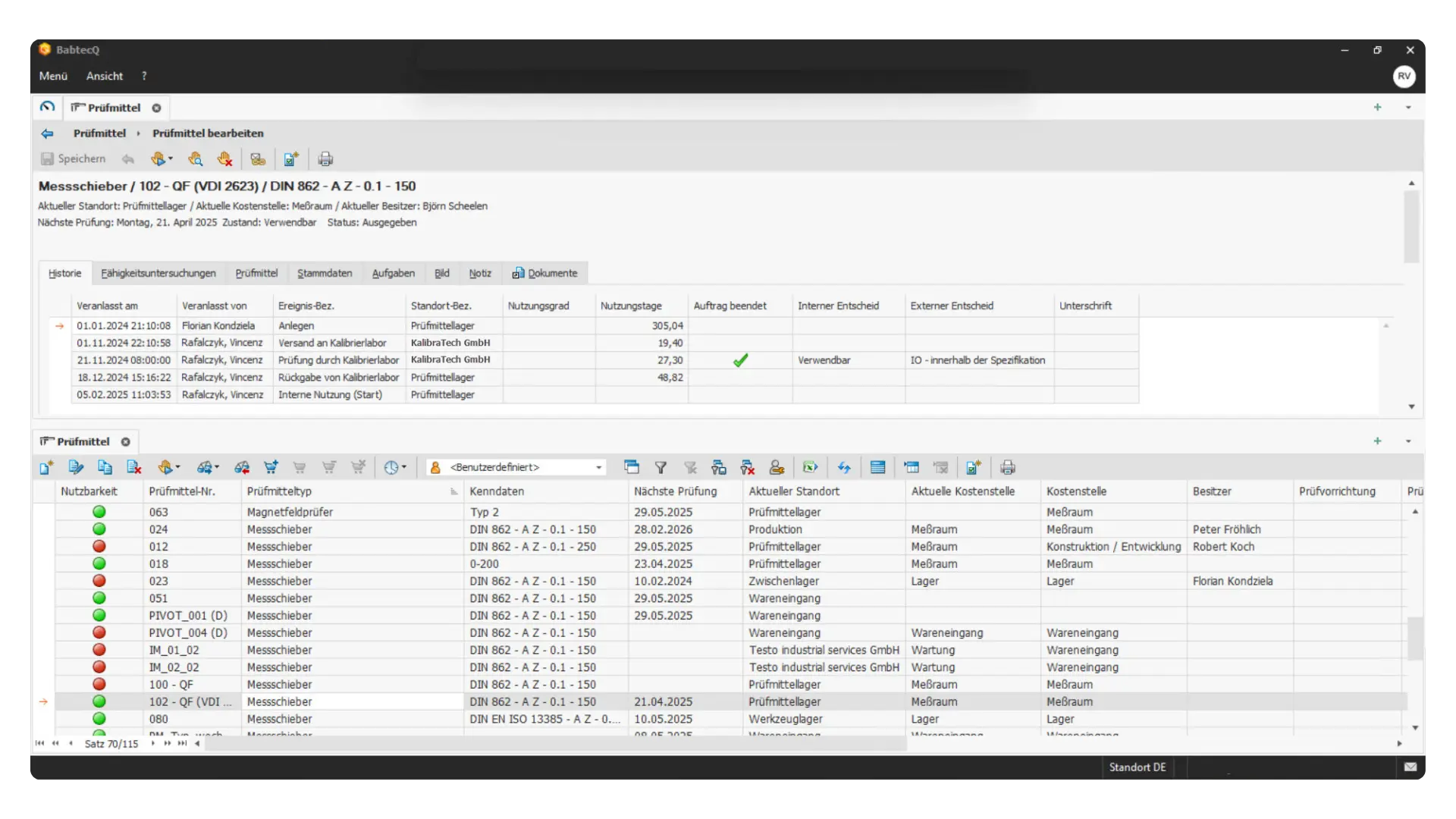 Prüfmittelmanagement in der QM-Software BabtecQ: Prüfmittelhistorie