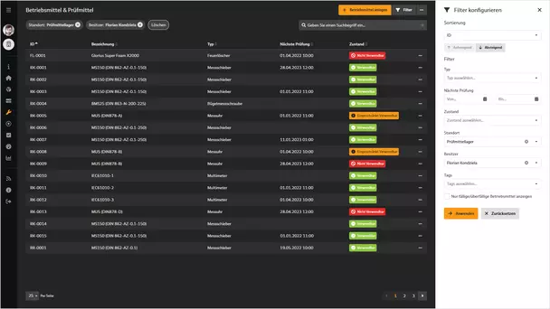 Übersicht über Betriebs- und Prüfmittel in BabtecQube Screenshot: Übersicht über Betriebs- und Prüfmittel in BabtecQube