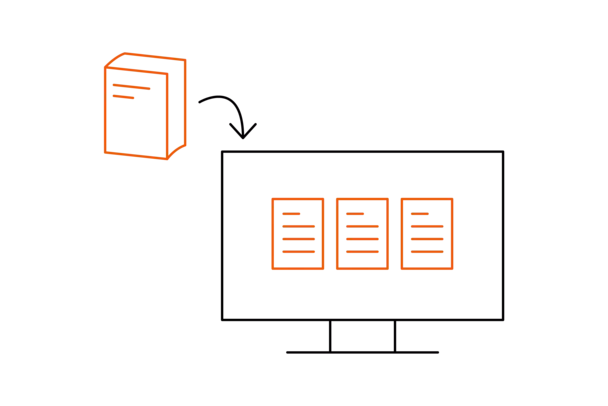 Digitialiserung des QM-Handbuchs Icon Buch, Monitor mit Dokumenten