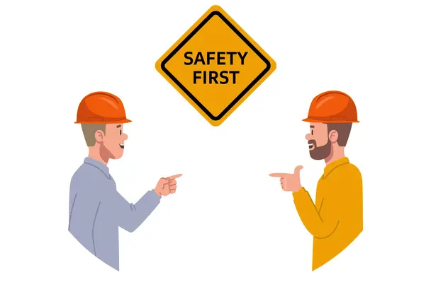 Zwei Mitarbeiter mit Schutzhelmen und einem Schild "Safety First"