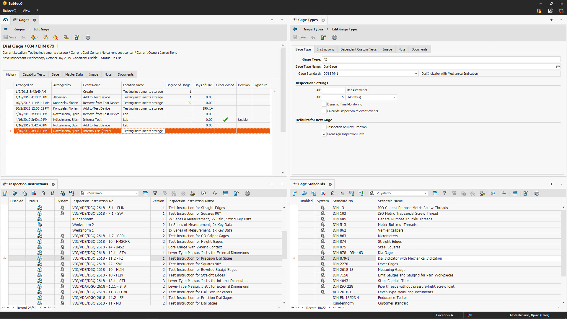 Screenshot: Module "Gauge Management" in BabtecQ