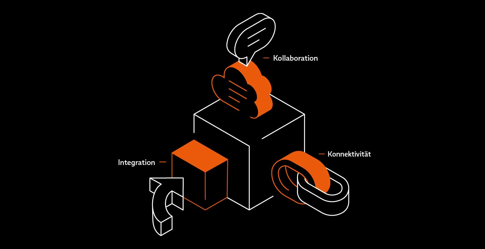 Schwarzer Hintergrund, Icon Würfel mit den 3 Elementen Kollaboration, Integration und Konnektivität