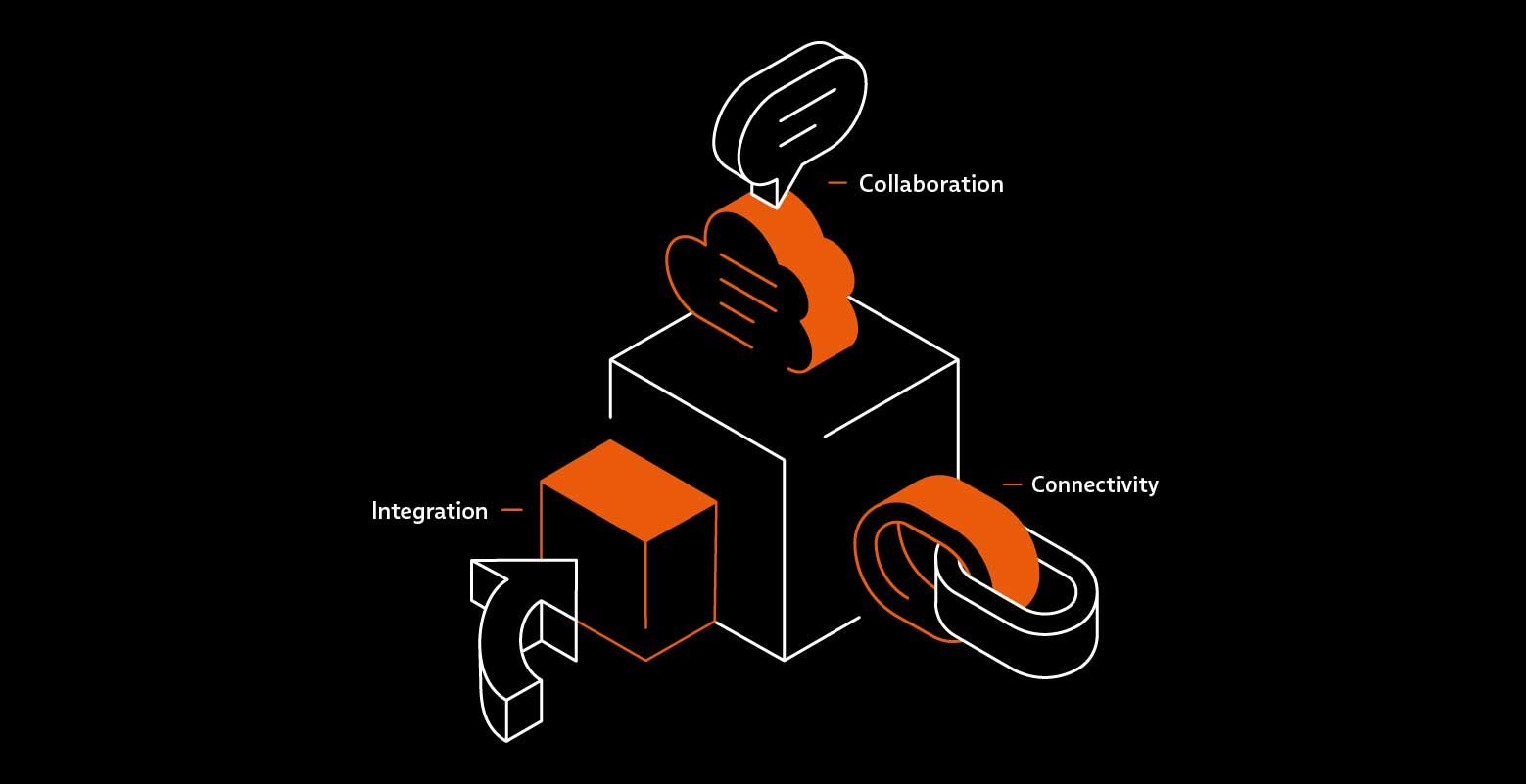 Black background, icon cube with 3 elements collaboration, integration and connectivity