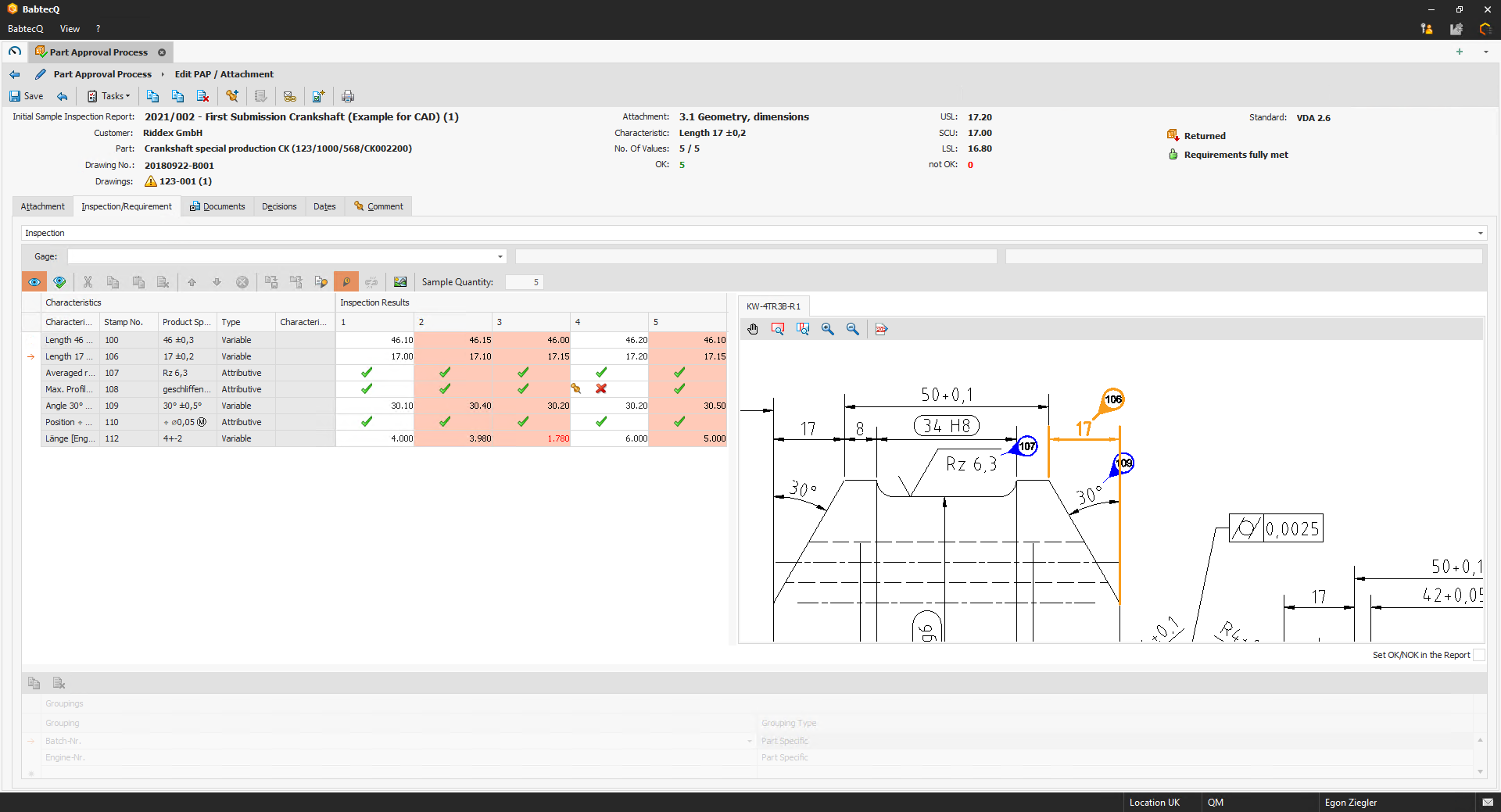 Part Approval Process / PPAP / PPF in the QM software BabtecQ: Inspection with grouping