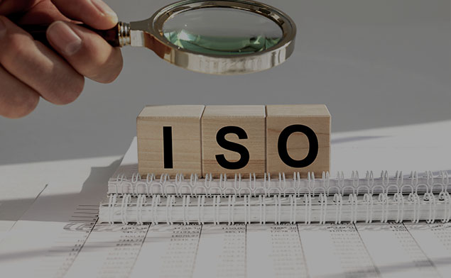 Holzblöcke mit den Buchstaben "ISO" unter einer Lupe