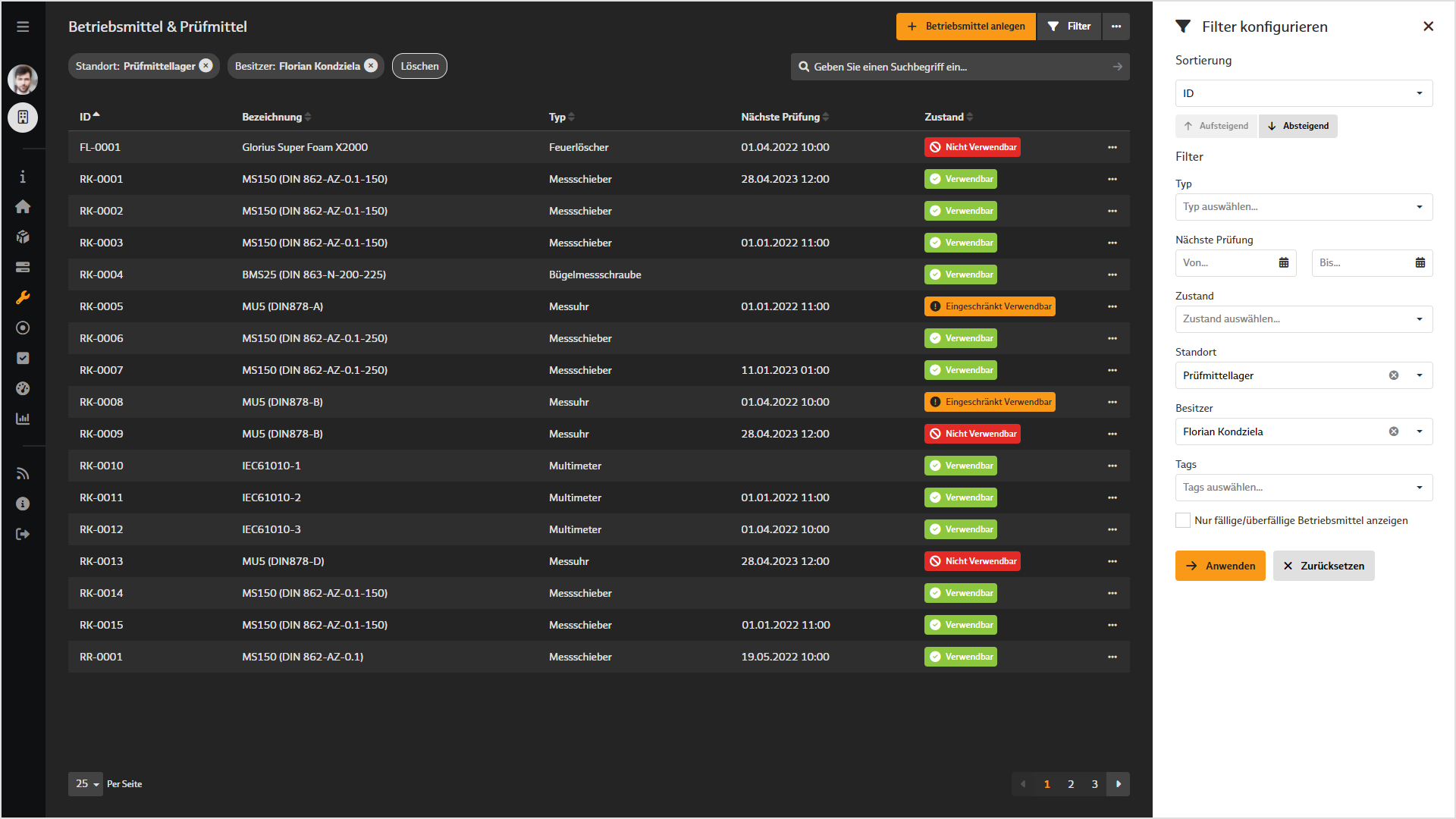 Screenshot von "Betriebsmittel & Prüfmittel" im BabtecQube: Übersicht