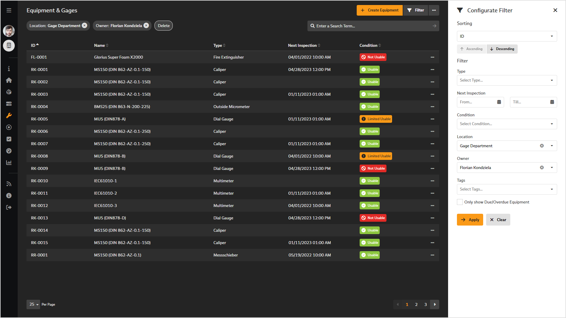 Screenshot of "Equipment & Gages" in the BabtecQube: Overview
