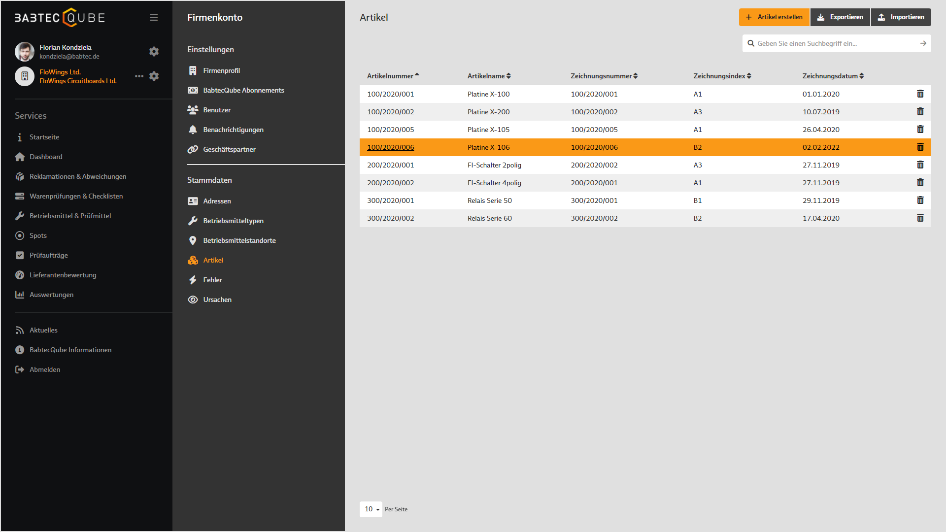 Screenshot von "Reklamationen & Abweichungen" im BabtecQube: Stammdaten verwalten