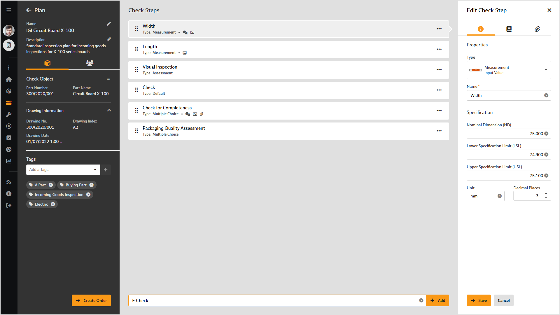 Screenshot of "Goods Inspections & Checklists" in the BabtecQube: Create inspection steps