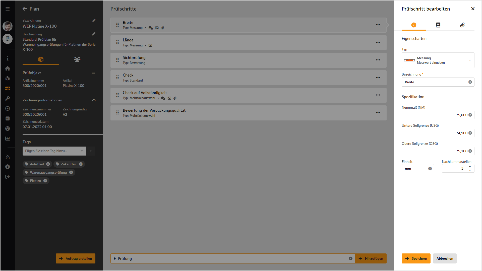 Screenshot von "Warenprüfungen & Checklisten" im BabtecQube: Prüfschritte individuell konfigurieren