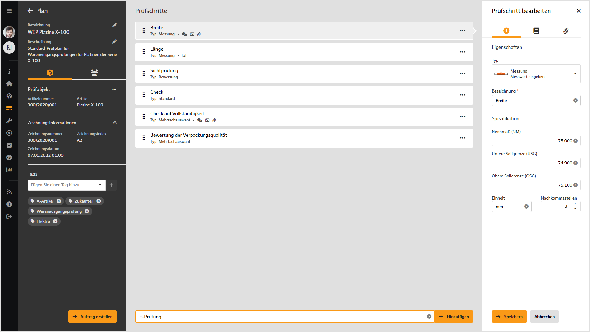 Screenshot von "Warenprüfungen & Checklisten" im BabtecQube: Prüfschritte anlegen
